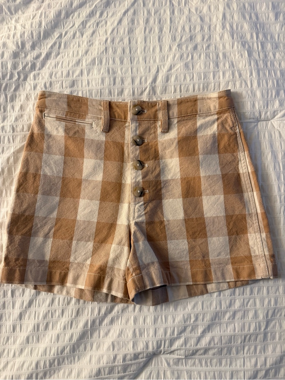 Madewell Checkered High-Waist Shorts in Brown & Cream Size 28